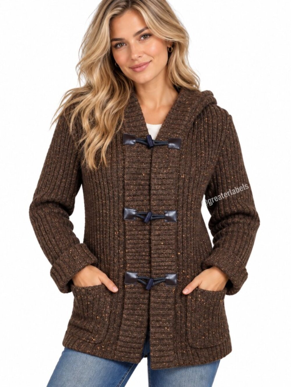 Vintage Feminella of England Wool Hooded Toggle Sweater Coat Speckled Brown Sz S